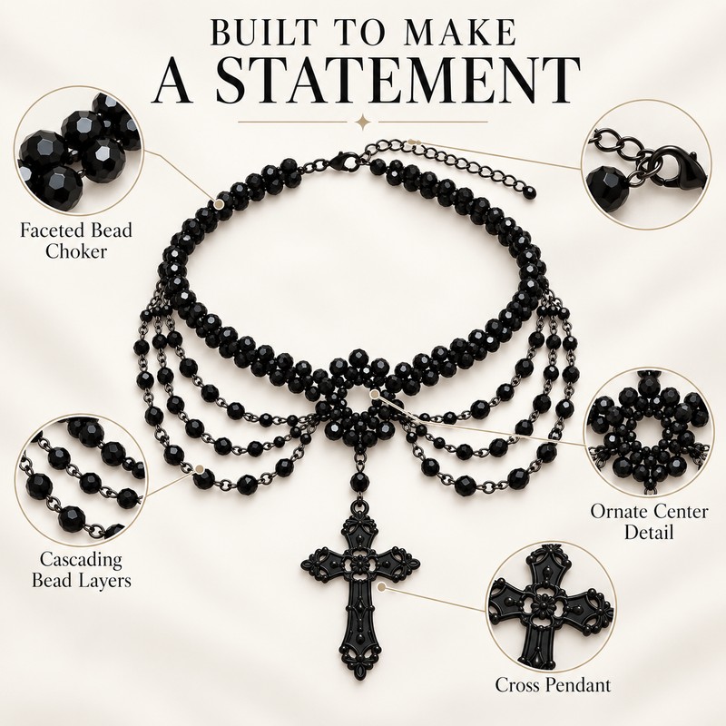 Layered Black Beaded Cross Necklace, Draped Multi-Strand Gothic Choker for