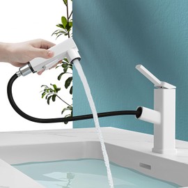 HEROBAI Single Hole Bathroom Faucet, Single Handle Modern Pull Out Bathroom Sink Faucet with 3 Water Flow Modes, Fountain Bathroom Faucets with Sprayer (White, Regular)