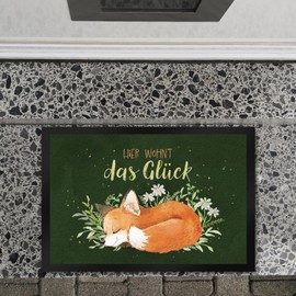 speecheese Hier wohnt das Glück Doormat XL in 40 x 60 cm with Fox in Watercolour Style A Colourful Autumn Door Mat for Entrance Area Motif Sleeping Watercolour Doormat Natural Door Mat