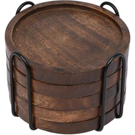 SAMHITA Mango Wood Coasters for Drinks with Iron Holder Stand Set of 5 for Countertop and Surfaces from Water Marks or Damage (11.43cm x 11.43cm x 1.27cm)