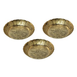 Set of 3 Small Nakshi Plate, Decorative Brass Indian Prasad Plate Katori for Pooja Utensils Item Articles for Indian Traditional Festival Decorations Pooja Kit (Size:- 3" Diameter)(Golden)