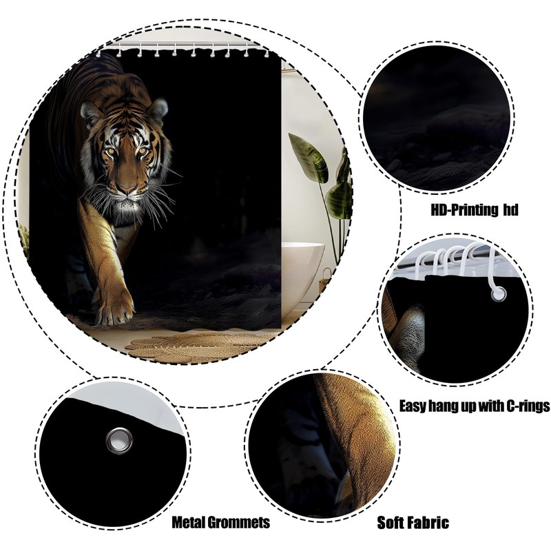 ZRUWUA Tiger Shower Curtain Cool Powerful Animals Big Cat Wild