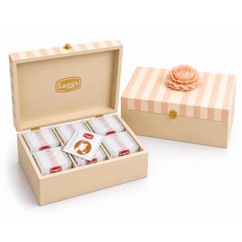 LAGG'S Home - Surtido de Tés Frutales en Caja Premium de Madera - 6 Sabores 100% Naturales: Fresa, Mandarina, Naranja, Durazno, Arándano y Vainilla - 72 Sobres (Beige con rosa)