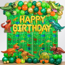 Avezano 117PCS Dinosaur Birthday Decorations, Dinosaur Balloons Arch Garland Kit Foil Fringe Curtains for Boy Happy Birthday Photo Backdrop Dino Themed Birthday Party Decor Photo Props Supplies