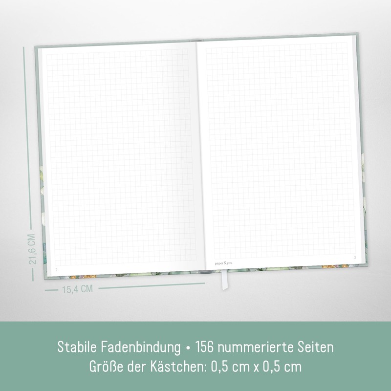 paper&you Notebook A5+ Squared with Elastic Band "Minty Leaves" 156