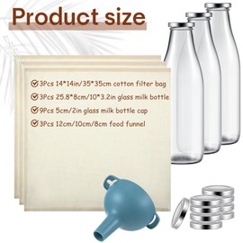 Hushee 9 Pcs Nut Milk Bag Kit 3 Pcs 14" x 14" Cheesecloth Cotton Nut Milk Bag 3 Pcs 33 oz Glass Milk Bottle with Lid 3 Pcs Reusable Kitchen Funnels for Straining Oat Almond Milk Juice Cheese Making