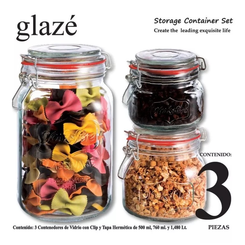 Glaze Juego De 3 Frascos Herméticos Glazé De 500, 750