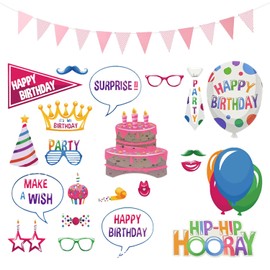 22 Pieces Of Birthday Photo Props, 1 Set Of Pennants, Birthday Party Decorations, Photo Props With Sticks, Birthday Party Scene Layout, Birthday Celebration Props