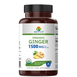 Brieofood Organic Ginger 1500mg, 45 Servings, Vegetarian, Gluten Free, 90 Vegetarian Tablets