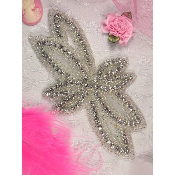 Unbranded XR57 Crystal Clear Silver Beaded Rhinestone Applique 6"