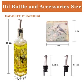 Topadorn 17 oz Olive Oil Dispenser Bottle Set for Kitchen, 2 Pcs Glass Oil Dispenser Bottle with Stainless Steel Pourers, 2 Packs of Napkins, Leaves and Fruits
