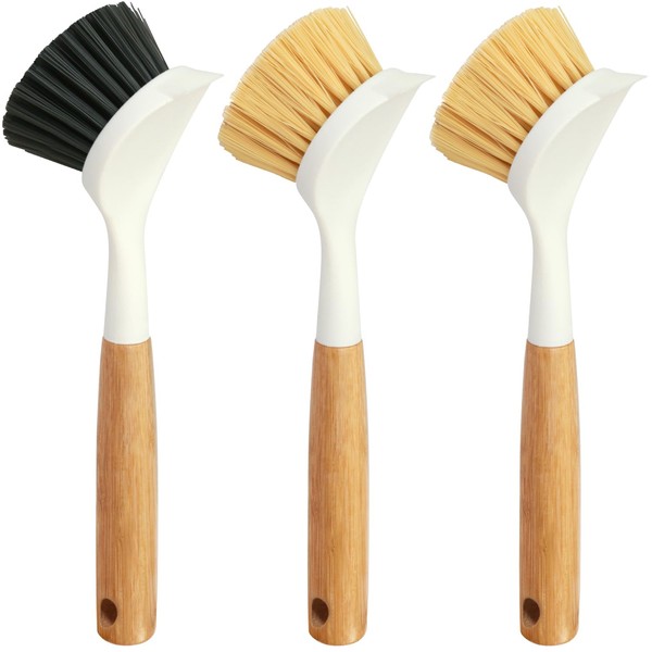 Holikme 3 Pack Dish Brush Set with Bamboo Handle, Cup Brush, Kitchen Scrub Brush for Cleaning Dish, Pot, Sink and Stove, Skillet Scrubber with Tough Bristles for Cast Iron Grill Pan, White