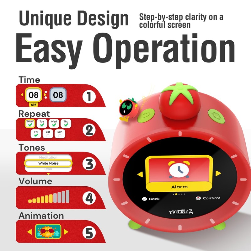 MOMILLA Kids Alarm Clock for Bedrooms, Colorful Display 7-Day Programmable