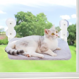 Foldable Plush Cat Window Perch Hammock Soft Hanging Bed with Steel Frame & Strong Suction Cups, Cat Window Sill Holder for Glass Windows, Supports 18KG, Comfortable Lounge Seat for Cats (Grey, L)