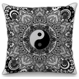 Black and White Indian Cushion Covers Mandala Covers Tapestry Boho style bohemian Elephants, Geomteric, Yin Yang, Mosiac, Floral Round Pillow Cases 16”x 16" inch (40 x 40 cms) Square (FLOWER YINYANG)