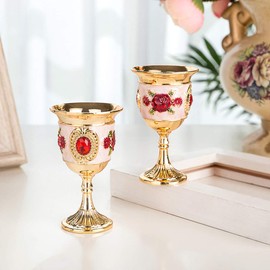 Gem Inlay Style Zinc Alloy Goblet Wine Goblet Carved White Glass Stem- Cup Stemware for Home Bar Party (Gold White Red Flower, Random Flower Pattern)