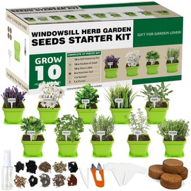 Meekear 10 Herb Seeds Garden Starter Grow Kit with Green Pots, Markers, Nutritional Soil, Watering, Herb Clipper, Complete Indoor Potted Plant Growing Set for Kitchen DIY