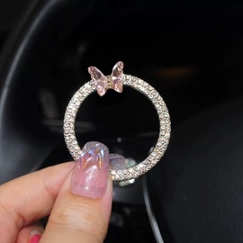 3leavtrees - Emblema de anillo de mariposa rosa para coche, accesorios de coche para mujer, funda de botón de empuje para arrancar, accesorios interiores, decoración - champaña