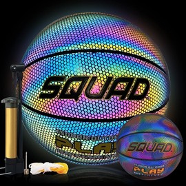 SQUAD NightPlay Reflective Basketball with Cool Holographic PU Leather, Size 5 - Glow Luminous Basketball for Outdoor Night Game, Ideal Gift for Boys and Girls - Includes Pump
