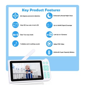 BLAZEVIDEO 1080p FHD Baby Monitor with 5” Display, 3000ft Range, 2-Way Audio, Night Vision, Lullabies, 5000mAh Battery