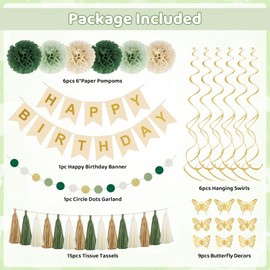 Sage Green Birthday Party Decorations for Women Girls, Green Olive Gold Sand White Confetti Foil Balloons Happy Birthday Banner Fringe Curtain Hanging Swirls Circle Dots Tassels Pompoms Party Supplies