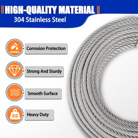Growglow 50ft 5/16 Inch 304 Stainless Steel Cable 7*19 Strand Structure Suitable For Deck Railing Kit, Clothes Line, DIY Stair Railing Project With Wire Rope Accessories