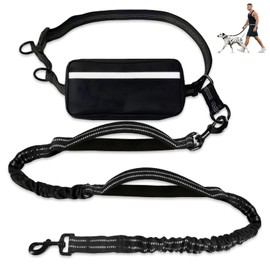 TAIMUTTAL Hands Free Dog Lead with Waist Belt & Large Pouch, Waist Dog Lead for Running, Walking, Hiking & Jogging, Reflective Dual Padded Handles, Ideal for Medium/Large Dogs Up to 120 lbs Black