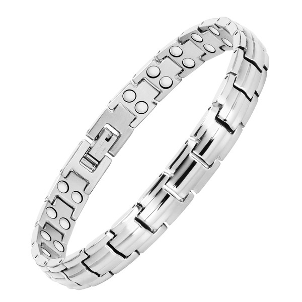 Feraco 2X Strength Magnetic Bracelets for Women Titanium Steel Magnetic Bracelet with Double Rows Ultra Strong Gauss Magnets, Jewelry Gifts (Silver)