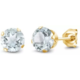 Paris Jewelry 14k Yellow Solid Gold Created Aquamarine CZ Round Stud Earrings 4mm