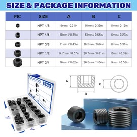 Waltool 30 Pcs Carbon Steel NPT Pipe Plugs Assortment Kit 1/8" 1/4" 3/8" 1/2" 3/4" Internal Hex Thread Socket Pipe Plug for Sealing Pipe Port