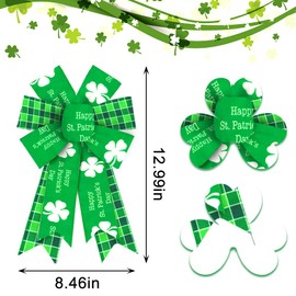 Hying 2PCS St. Patrick's Day Bows for Wreath, Green Shamrock Wreath Bows for St. Patrick's Day Décor, Plaid St. Patrick Bows for Front Door Indoor Outdoor Wall Tree Topper Decoration Supplies Ornament