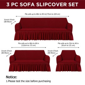 Fanfanwin 3 Pcs Sofa Slipcover Set for Couch Cushion Durable Washable High Elastic Stretchable Furniture Couch Covers with Skirt for Sofa Loveseat Arm Chair(Burgundy,Seersucker)