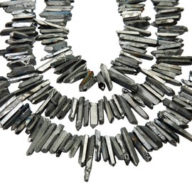 rockcloud Natural Rock Crystal Points Titanium Coated Clear Quartz Sticks Spikes Top Drilled 15 inch Strand,Deep Grey