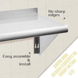 Hally Stainless Steel Shelf 12 x 60 Inches 315 lb, NSF Commercial Wall Mount Floating Shelving for Restaurant, Kitchen, Home and Hotel