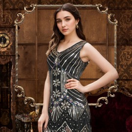 FEPITO 1920s V-neck sequins beads fringe dress with 20s accessory set, Black and gold (style 2), l