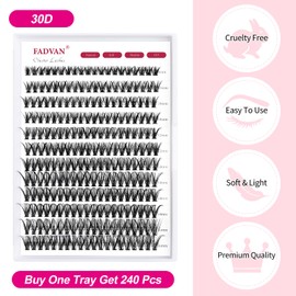 FADVAN Cluster Eyelash Extensions 280 Pieces Curl D Eyelashes Individual False Eyelashes Professional Natural Bouquet Cluster Eyelashes for DIY (30D-0.07D, Blend 8-16mm)