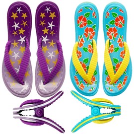 Paifeancodill Beach Towel Clip, 4 Pcs Flip Flop Lounge Chairs Clips Slippers Towel Clip, Oversized Cute Clothespin, Flip Flop Towel Holder Clothes Pegs Beach Towel Clip (Purple+Sky Blue Slippers)