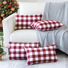 Sungeek Set of 4 Christmas Cushion Covers, Plaid Decorative Cushion Covers, Decorative Cover, Tartan Cushion Cover for Sofa, Couch, Bedroom, Living Room (30 x 50 cm, Red + White)