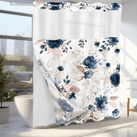 Tititex No Hooks Snap in Liner Rustic Navy Blue Floral Gold Leaves Shower Curtain, Hotel Luxury Double Layers Waterproof Fabric & See-Through Top Window Bathroom Decorative 72x72 Inch
