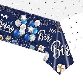 Happy Birthday Tablecloth,Blue Table Cloth Party Disposable for Girls Boys,137 * 274cm Disposable Table Cloths Rectangle Party Table Cover,Plastic Tablecloths Large for Baby Men Women Birthday Party