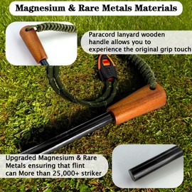 Outdoor Ferro Rod Flint Fire Starter with Handcrafted Wood Handle, | 20,000+ Strikes | Survival Flint and Steel Rods with Whistle,Carabiner,Paracord Reflective Neck-Wrist Lanyard for Your Camping Gear