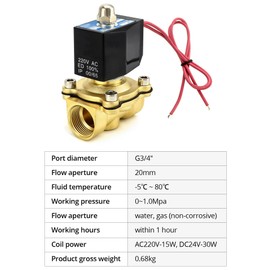 QWORK® DN20 Solenoid Valve 220 V 3/4 Inch G Brass for Water Air Gas Oil