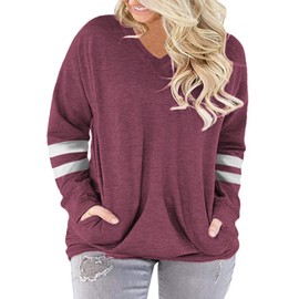ROSRISS Shirts for Women Plus Size XL Casual Long Sleeve Stripe Sweatshirts Wine Red 16W