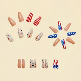 Fourth of July Press on Nails Medium Long False Nails with Star Stripe Designs Coffin Nails Press ons Glossy Glue on Nails Independence Day Acrylic Nails Nude Full Cover Stick on Nails for Girls 24Pcs