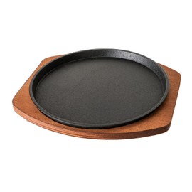 Cast Iron Steak Plate Sizzle Griddle With Wooden Base Steak Pan Fajita Grill Plate (Round 8 inch)