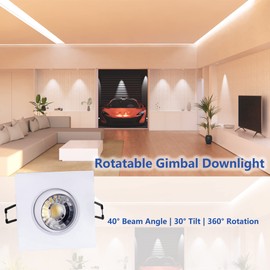 POPANU Canless Recessed Gimbal Downlight Rotatable-Spotlight 5 CCT 3 Inch Eyeball Ceilling Potlight, Dimmable Recessed Lights Fixture with Junction Box, 8W CCT Adjustable, White Square Finish, 6P