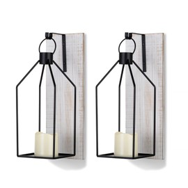 Staymoment Candle Sconces Wall Decor: Set of 2 Farmhouse Wood Candle Holder Indoor Black Metal Lantern Rustic Decorations for Living Room Front Porch Yard