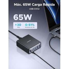 UGREEN Cargador 100W GAN y 6 Puertos, Estación de Carga de Escritorio con 4 USB C y 2 USB PD, Carga Rápida de 65W, Compatible con MacBook Pro Air de 16", XPS 13, iPad Pro, Galaxy S25, iPhone 17Pro max