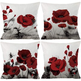 Set of 4 Plant Beautiful Retro Ink Painting Charming Red Poppy Cotton Linen Throw Pillowcase Couch Pillow Cover Decorative Pillow for Sofa Coach Living Room Square 18 inches