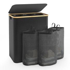 160L Extra Large Laundry Hamper with Removable Bags- 3-Section Divided Organizer with Removable Bags Basket for Clothes, Foldable, Easy Storage Household Bamboo Bin organization products laundry basket,Easy to Install:_Black_160L